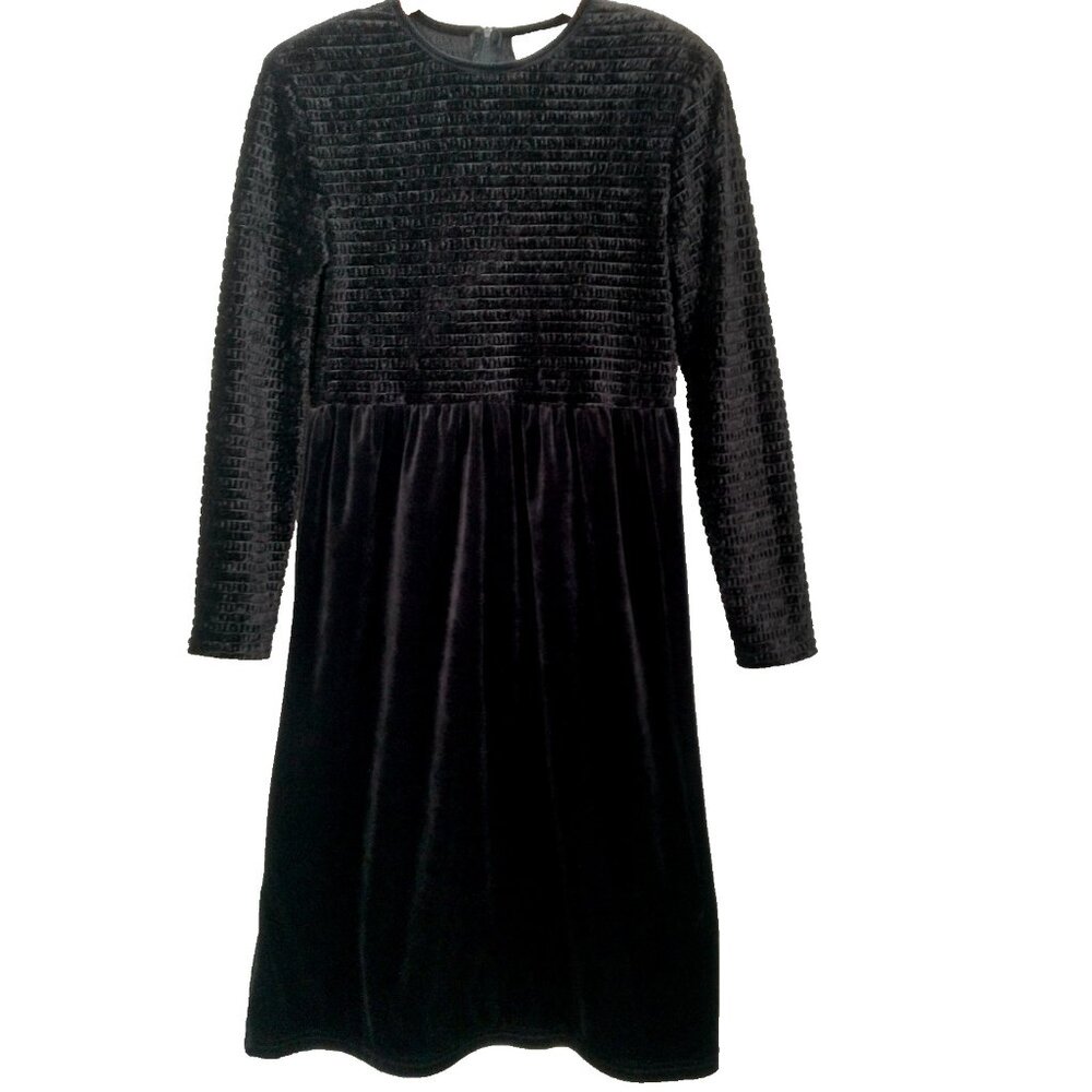 Vintage Caroline Wells Dress Size 8 Black Velour Smocked Top Long Sleeves Midi